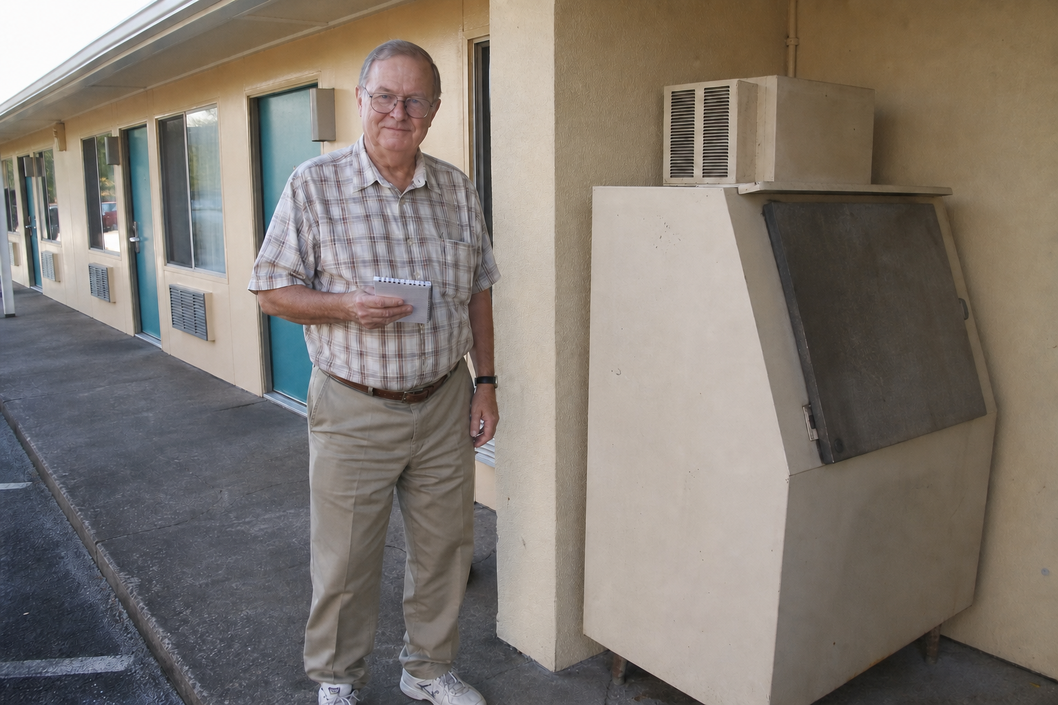 Norbert Bagel standing beside the ice machine at the Desert Vista Motor Lodge